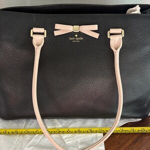 kate spade black pebble leather tote with pale pink bow and straps